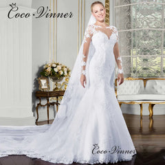 Customized V-neck Long Sleeve Mermaid Wedding Dresses Illusion