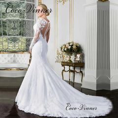 Customized V-neck Long Sleeve Mermaid Wedding Dresses Illusion
