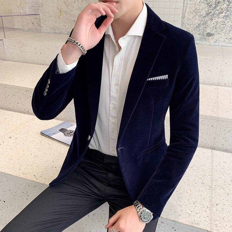 Men’s Velvet Slim Fit Blazer Jacket Fall Winter Formal Suit Coat Tailored Fashion