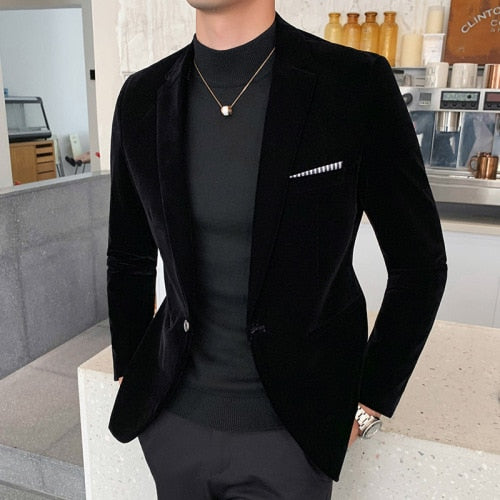 Men’s Velvet Slim Fit Blazer Jacket Fall Winter Formal Suit Coat Tailored Fashion