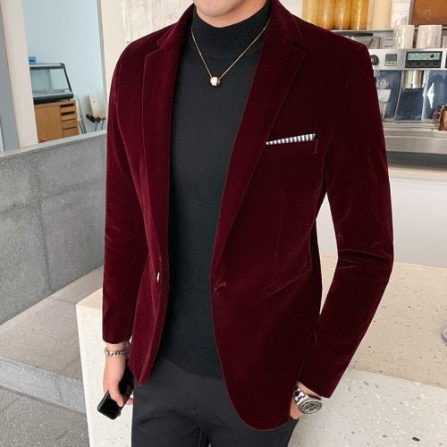 Men’s Velvet Slim Fit Blazer Jacket Fall Winter Formal Suit Coat Tailored Fashion