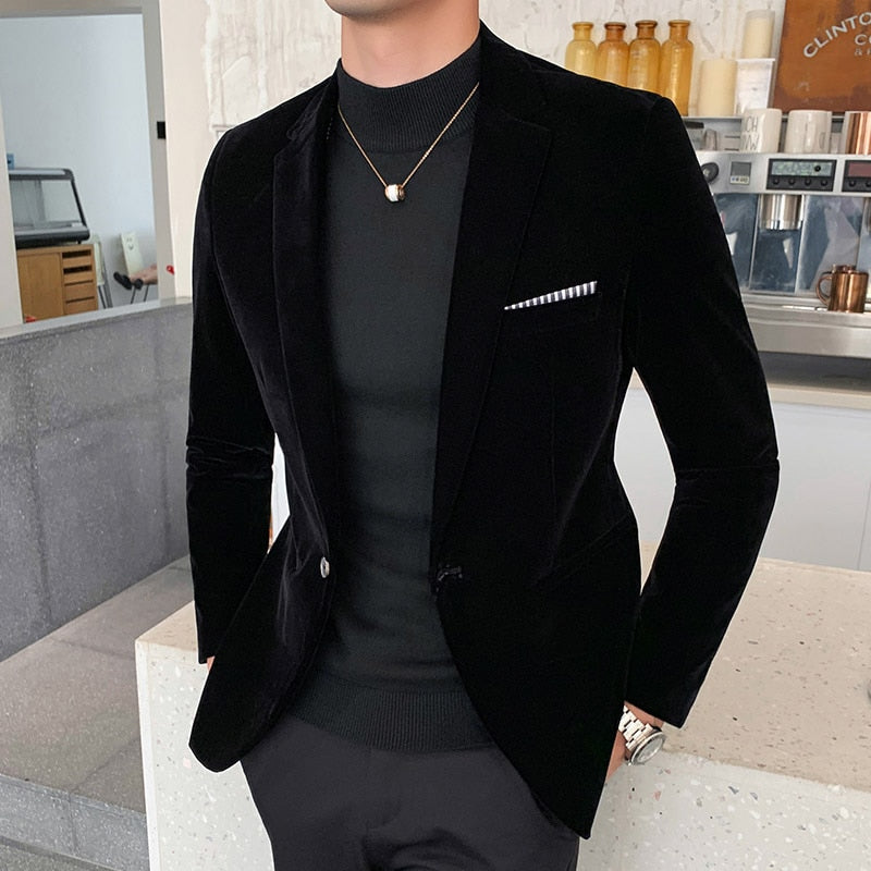 Men’s Velvet Slim Fit Blazer Jacket Fall Winter Formal Suit Coat Tailored Fashion