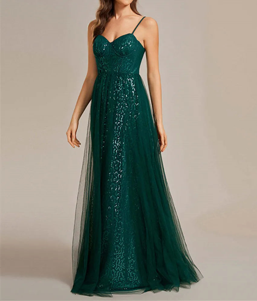 Customized Black Shiny Evening Dress Spaghetti Strap A-line Wedding Guest Dress Formal Occasion Elegant Women's Party Ball Gowns