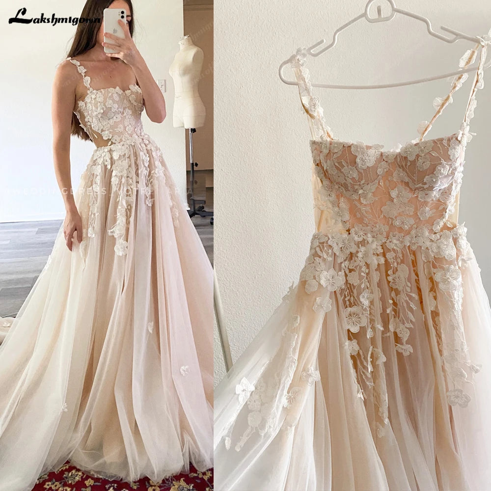 Wedding Dresses 3D Flowers Spaghetti Straps A Line Wedding Gown Beach Customized