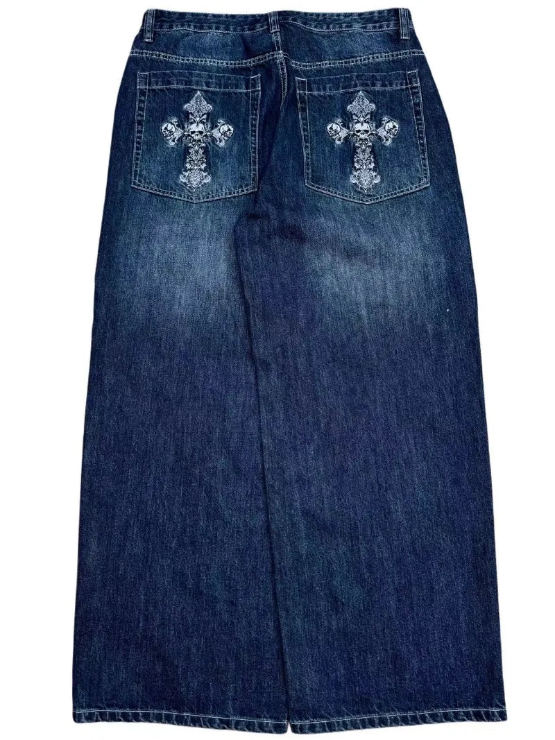 New Vintage Washed Embroidered Jeans Trend Hip Hop Men Y2k Straight Leg Wide Leg Pants Couple Trend Casual Loose Street Pants