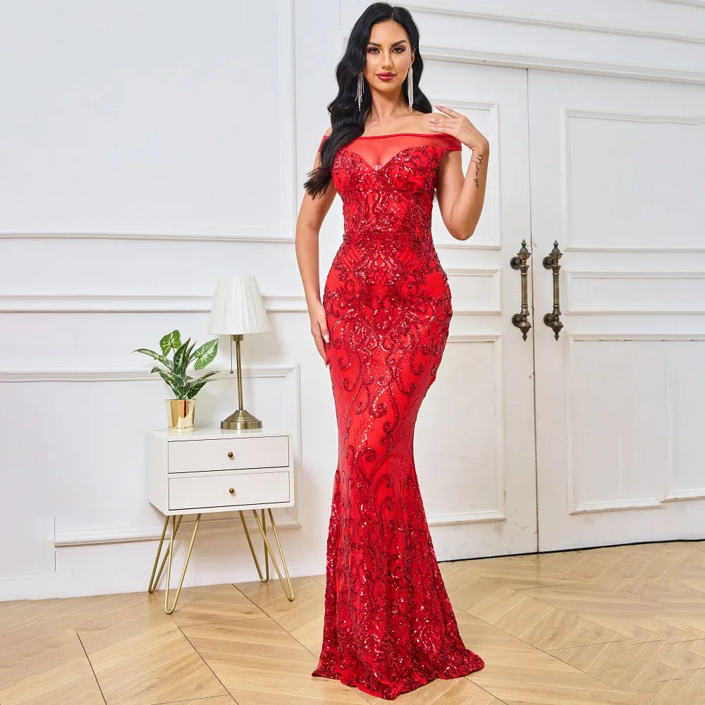 Elegant Lady Red Sequin Evening Dress Off-Shoulder Mermaid vestidos de noche formal occasion prom Glamorous Women's Fashion