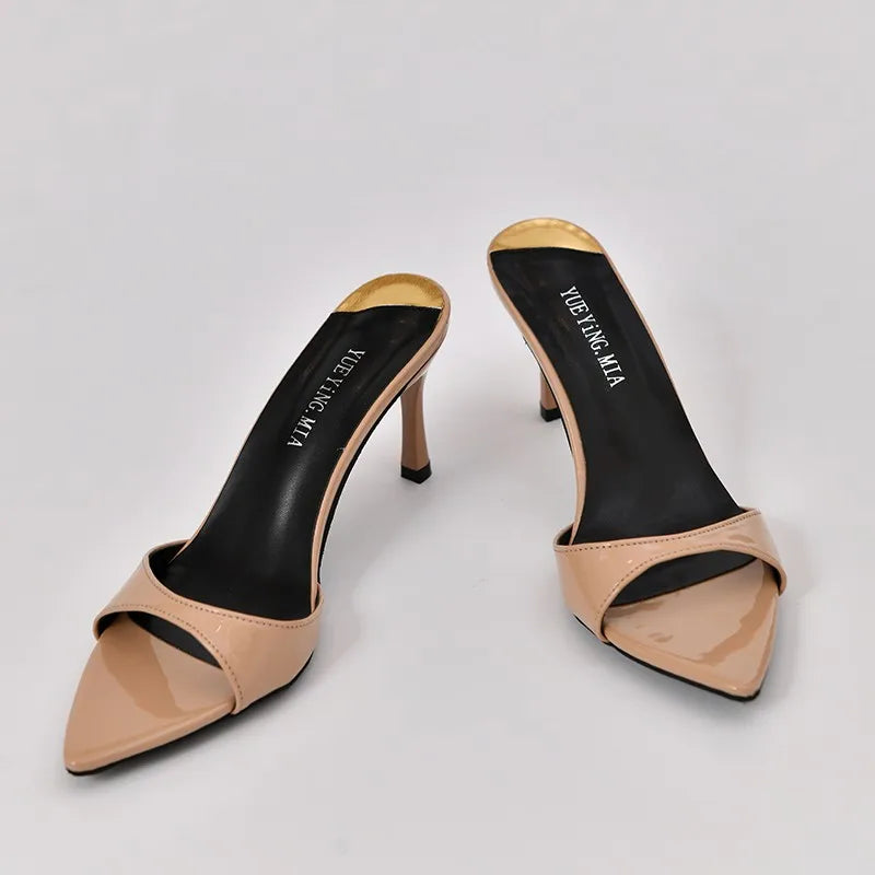 Pointed Stiletto Heels Women Pumps Patent Leather 2024 Summer Designer Mule Sandals Elegant Sexy Office High Heels Women Shoes
