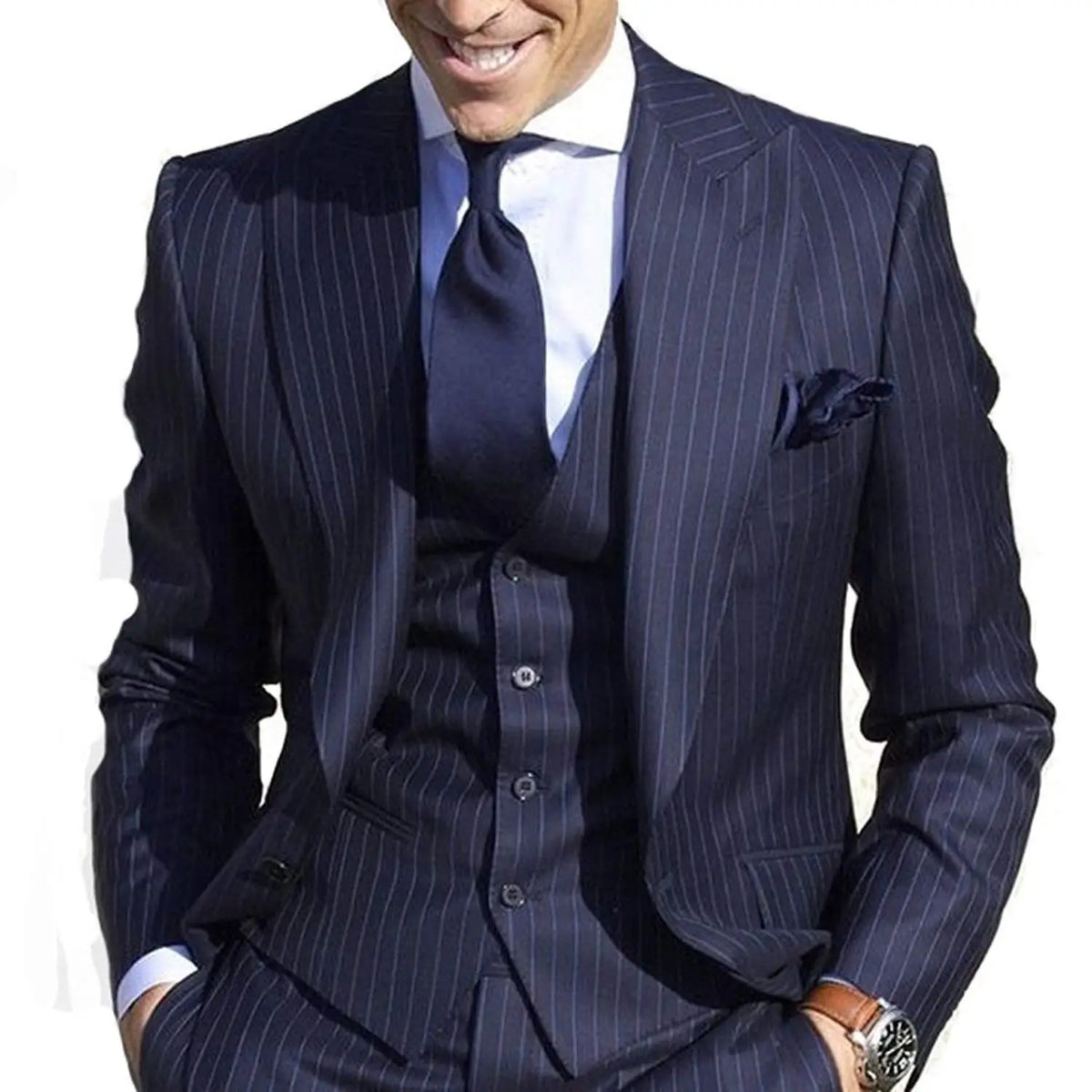 Men's Stripe Blazer Peak Lapel for Business Formal Coat+vest+pants  Groom Business Tuxedos men suits wedding prom suits